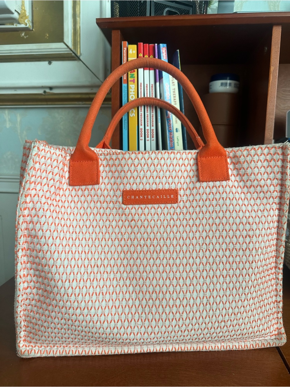 Chantecaille Orange & Cream Woven Tote